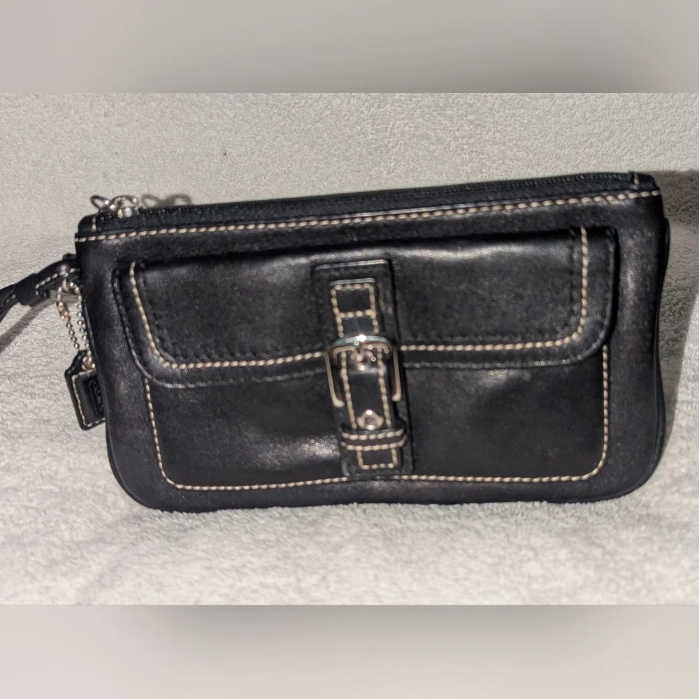 Coach Black and Silver Leather Wristlet Clutch